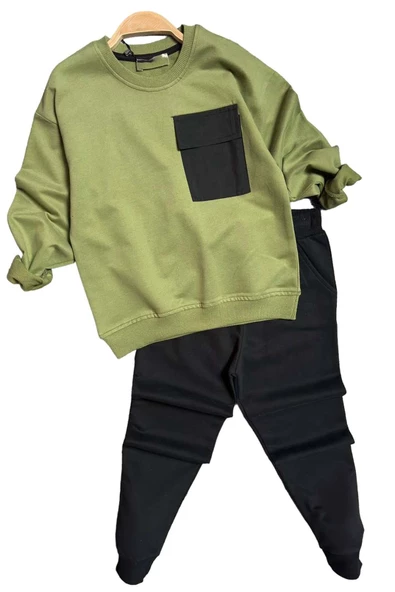 Erkek Çocuk Kapak Cepli Bisiklet Yaka Sweatshirt Haki Yeşil Eşofman Takım - 4