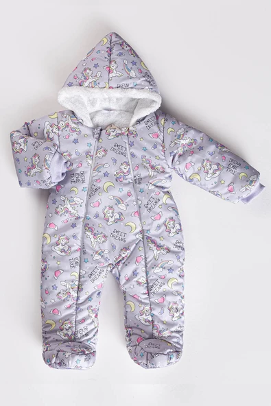 YENİ Unicorn Desenli İçi Kürklü Patikli Kapüşonlu Kışlık Erkek Kız Bebek Astronot Tulum Kozmonot - 4