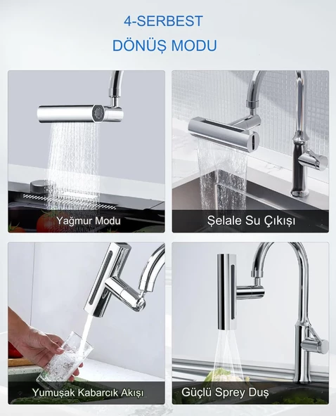 QASUL 360° Akrobat 4 Farklı Modlu Su Tasarruflu  Kademeli Ayarlanabilir Mutfak Armatür Musluk Başlığı - 5