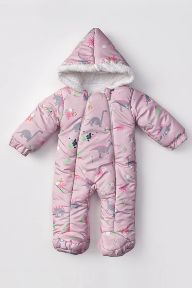 Çiçek ve Dinozor Desenli İçi Kürklü Patikli Kapüşonlu Kışlık Erkek Kız Bebek Astronot Tulum Kozmonot - 2