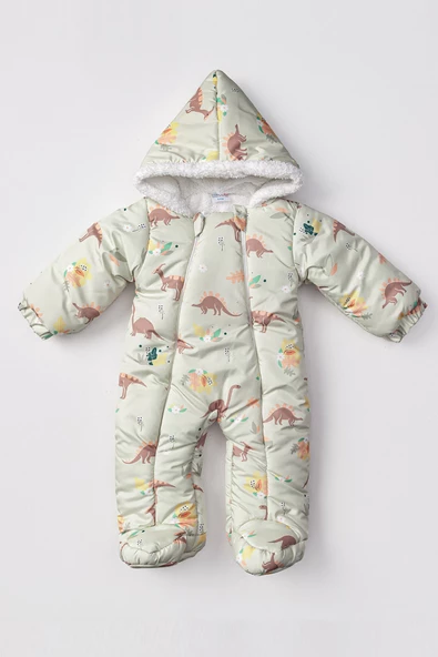 Çiçek ve Dinozor Desenli İçi Kürklü Patikli Kapüşonlu Kışlık Erkek Kız Bebek Astronot Tulum Kozmonot - 3