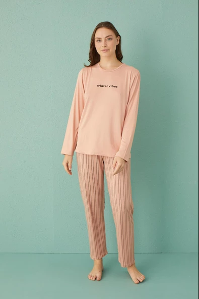 Gd Goldoremi 50902-26 Kadın Çizgili Milan Kumaş Uzun Kol Pijama Takım - 7