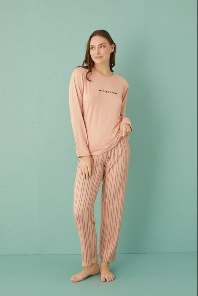 Gd Goldoremi 50902-26 Kadın Çizgili Milan Kumaş Uzun Kol Pijama Takım - 5