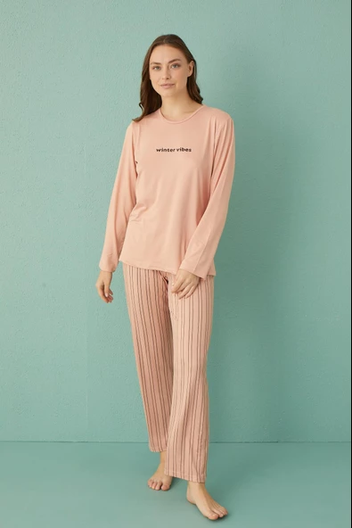Gd Goldoremi 50902-26 Kadın Çizgili Milan Kumaş Uzun Kol Pijama Takım - 6