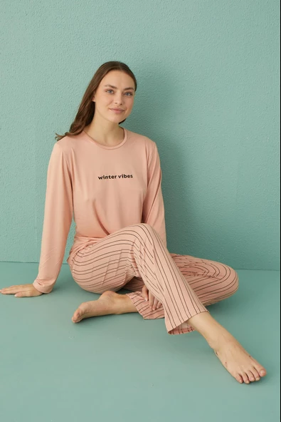 Gd Goldoremi 50902-26 Kadın Çizgili Milan Kumaş Uzun Kol Pijama Takım - 2