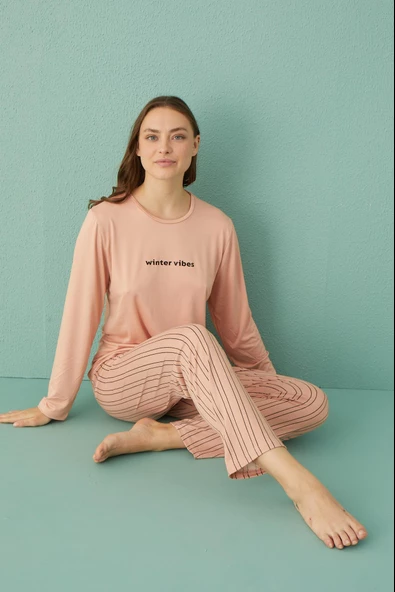 Gd Goldoremi 50902-26 Kadın Çizgili Milan Kumaş Uzun Kol Pijama Takım - 4