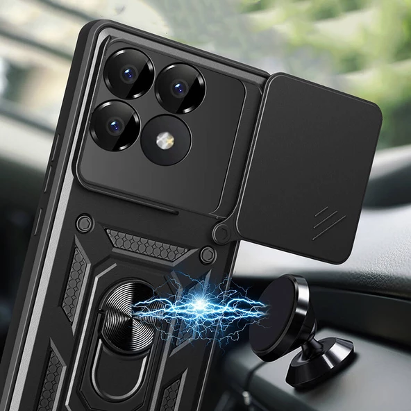 Xiaomi Poco F6 Pro Kılıf Magnetik Standlı Kamera Korumalı Sürgülü Vega Kapak - Resim 2
