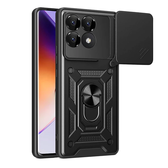 Xiaomi Poco F6 Pro Kılıf Magnetik Standlı Kamera Korumalı Sürgülü Vega Kapak