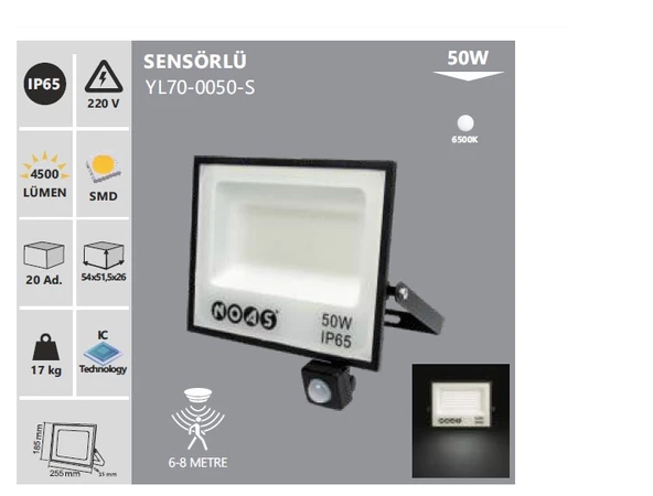 NOAS YL70 0050 S 50W Sensörlü Led Projektör 6400K Beyaz Işık - 2