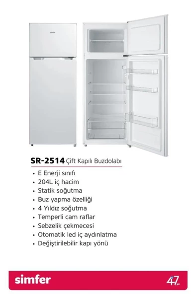 SİMFER SR-2514 ÇİFT KAPILI BUZDOLABI 254 LİT.