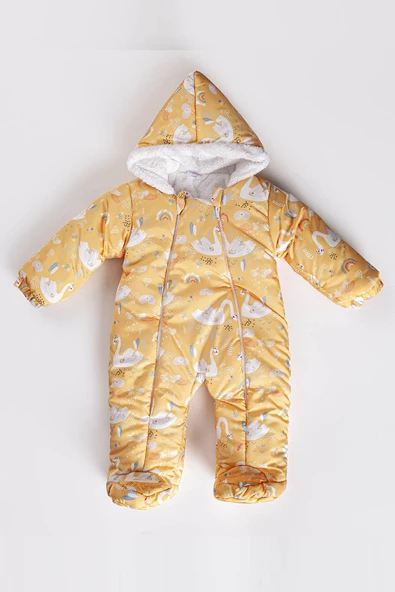 Yeni Gökkuşağı Kuğu Desenli Kürklü Patikli Kapüşonlu Kışlık Erkek Kız Bebek Astronot Tulum Kozmonot - 2