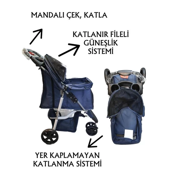 Tommy Evcil Hayvan Arabası 80x46x99cm Lacivert Max 15 Kg