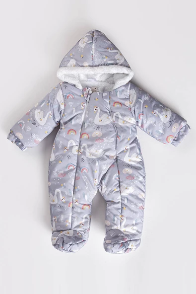 Yeni Gökkuşağı Kuğu Desenli Kürklü Patikli Kapüşonlu Kışlık Erkek Kız Bebek Astronot Tulum Kozmonot