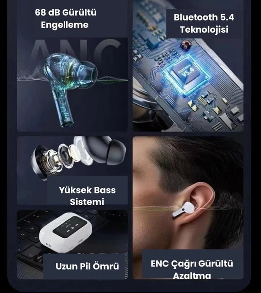 QASUL Bluetooth Kulaklık LCD Tam Renkli Akıllı Ekran Dokunmatik Ekran ANC Gürültü Azaltma Kablosuz TWS Kulaklık - 7