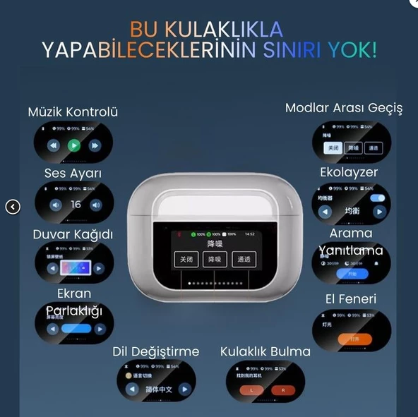 QASUL Bluetooth Kulaklık LCD Tam Renkli Akıllı Ekran Dokunmatik Ekran ANC Gürültü Azaltma Kablosuz TWS Kulaklık - 6
