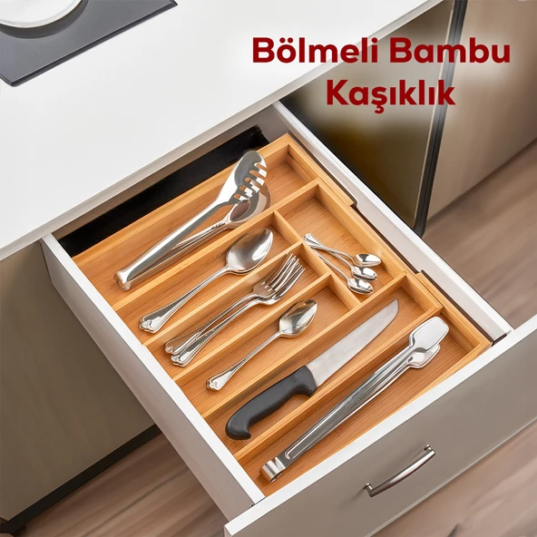 Porsima 07168 Bambu Kaşıklık Ayarlanabilir Mutfak Çekmece İçi Düzenleyici Ahşap Çekmece Kaşıklık Düzenleyici