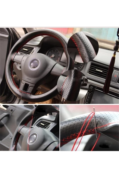 Dilenkce Dilenkce Direksiyon Kılıfı Deri Dikişli Noktalı Siyah Dikmeli Direksiyon Kılıfı - Siyah İp - Resim 2