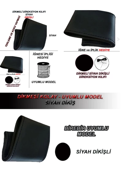 BBALİFE STORE BBALİFE STORE DACİA DOKKER Uyumlu Deri Direksiyon Kılıfı, Dikmeli Siyah Spor Dikiş - Resim 3