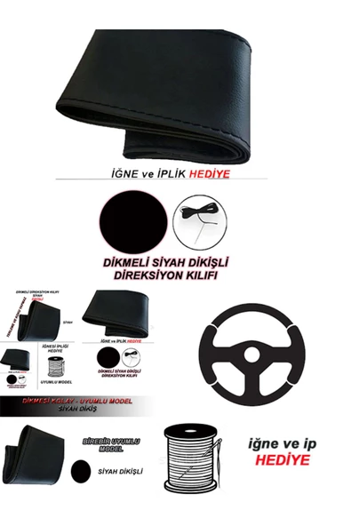 BBALİFE STORE BBALİFE STORE DACİA LODGY Uyumlu Deri Direksiyon Kılıfı, Dikmeli Siyah Spor Dikiş - Resim 4