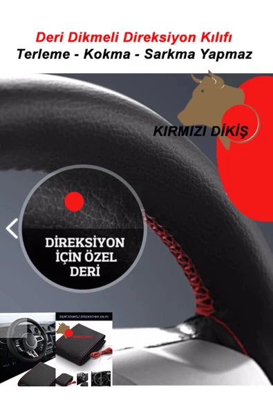 bol bol cesit bol bol cesit Peugeot Rifter Uyumlu Deri Direksiyon Kılıfı, Dikmeli Kırmızı Dikişli