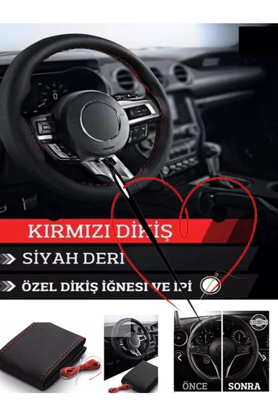 Blissburry Blissburry Dacia Lodgy (2012-2015) Uyumlu Deri Direksiyon Kılıfı, Dikmeli Kırmızı Dikişli