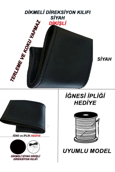 BBALİFE STORE BBALİFE STORE DACİA LODGY Uyumlu Deri Direksiyon Kılıfı, Dikmeli Siyah Spor Dikiş - Resim 2