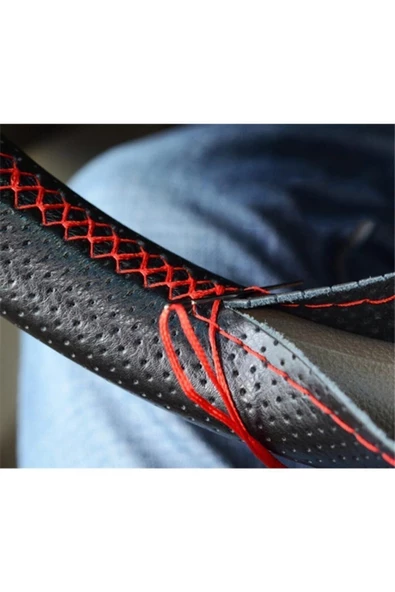 Dilenkce Dilenkce Direksiyon Kılıfı Deri Dikişli Noktalı Siyah Dikmeli Direksiyon Kılıfı - Siyah İp - Resim 3
