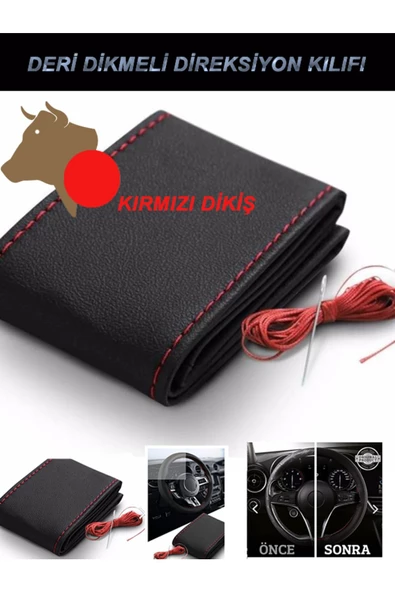 AdanZyeHerşey AdanZyeHerşey Opel Mokka Uyumlu Deri Direksiyon Kılıfı, Dikmeli Kırmızı Dikişli - Resim 2