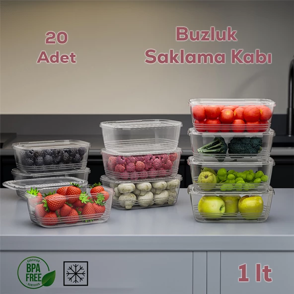 Porsima 1072 20'li Buzluk Düzenleyici Saklama Kabı Kendinden Kapaklı Derin Dondurucu Saklama Kabı 1Lt Şeffaf