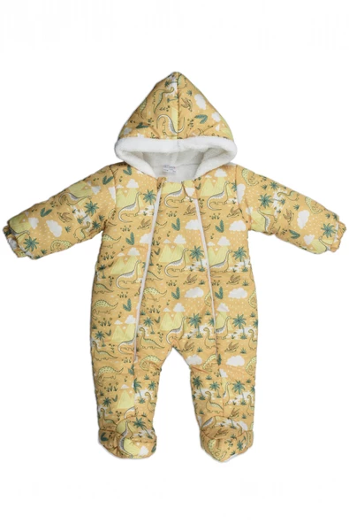 YENİ Palmiye Dinazor Desenli Kürklü Patikli Kapüşonlu Kışlık Erkek Kız Bebek Astronot Tulum Kozmonot - 3