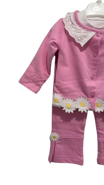 uğurböceğiçocuk Papatya Desenli Hırka 3'lü Kız Bebek Takım 7020 - 11