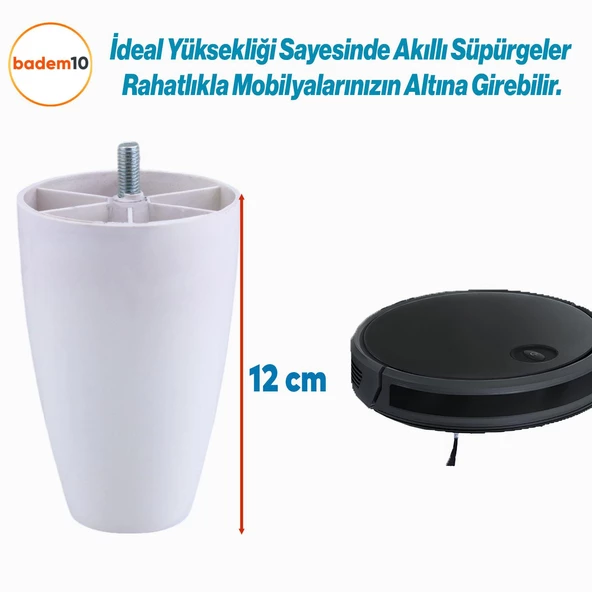 Oval Plastik Ayak 12 cm Mobilya Yükseltici Sehpa Kanepe TV Ünitesi Koltuk Ayağı Baza Ayakları Beyaz - Resim 5