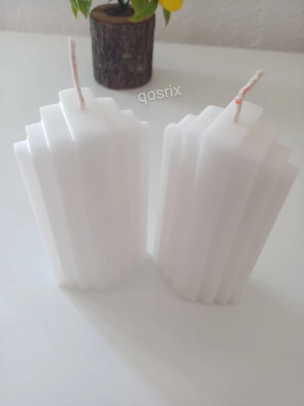 qosrix 2'li Beyaz Soya Doğal Vanilya Kokulu Sütun Geometrik Şekil Kule Mum Dekoratif - 2