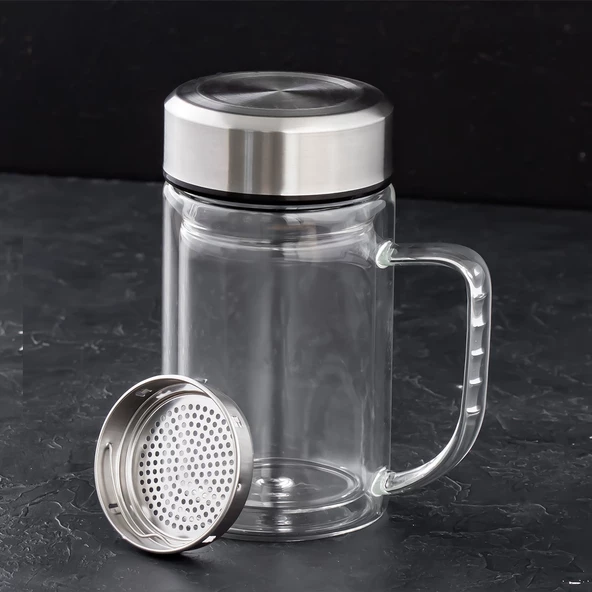Porsima BY-84 Çift Cidarlı Süzgeçli Kupa Metal Kapaklı Kulplu Borosilikat Bitki Çayı Bardağı Çay Kahve Kupası - 3