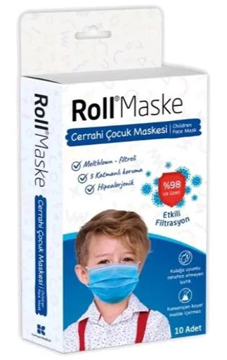 Roll Maske Cerrahi Çocuk Maskesi Mavi | 3 Katlı & Telli