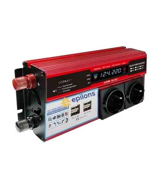 12V 2000W Modifiye Sinus İnverter Araç ve Güneş Enerjisi Uyumlu, Çift USB, Çift Priz ve Çakmaklık - 4