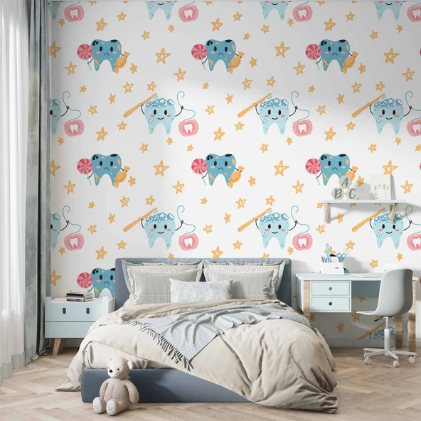 Diş Temalı Çocuk Odası Duvar Kağıdı Baskı - Resim 4