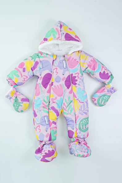 Fil Çiçek Desenli Kürklü Patikli Eldivenli Kapüşonlu Kışlık Kız Erkek Bebek Astronot Tulum Kozmonot - 2