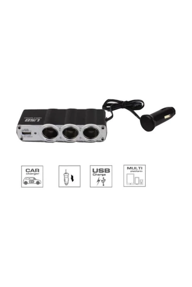 Autokit Oto Çakmaklık Çoğaltıcı 3 Port + 1 Usb - 1a 5 V