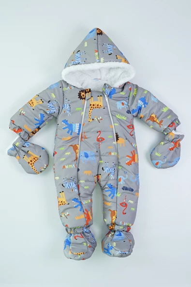 Orman Hayvanları Kürklü Patikli Eldivenli Kapüşonlu Kışlık Kız Erkek Bebek Astronot Tulum Kozmonot - 3