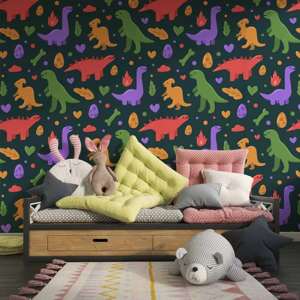 Renkli Dinozor Desenli Çocuk Odası Duvar Kağıdı Baskı - 3