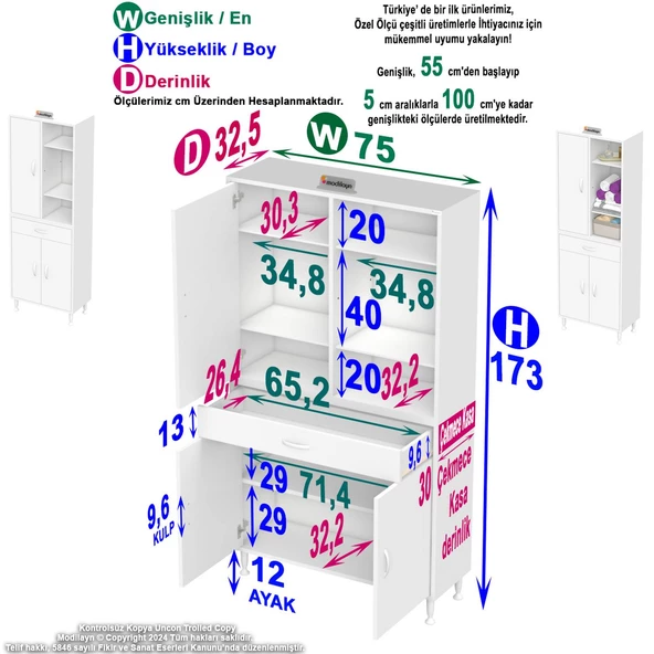 Modilayn AFRA 75x173x32,5 cm 1 Çekmece 3 Kapak 5 Raf 8 Bölme Çok Amaçlı Banyo & Mutfak Dolabı - 4