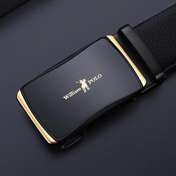 William Polo Hakiki Deri Siyah Altın Tokalı Şık Italyan Kemer - 3