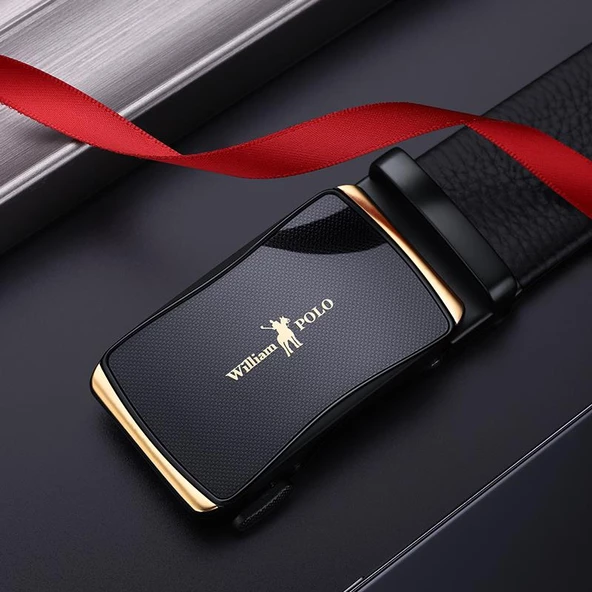 William Polo Hakiki Deri Siyah Altın Tokalı Şık Italyan Kemer - 4