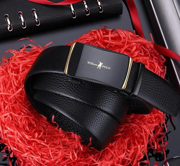 William Polo Hakiki Deri Siyah Altın Tokalı Şık Italyan Kemer - 2