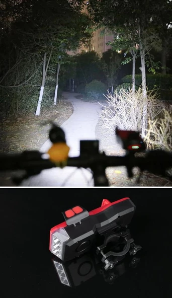 400 Lümen 4 Mod T6 Dış Mekan Gece Sürüşü Su Geçirmez Telefon Tutuculu Powerbankli Hoparlörlü Korna USB Şarj Edilebilir LED Far Ön Bisiklet Lambası - 7