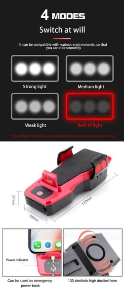 400 Lümen 4 Mod T6 Dış Mekan Gece Sürüşü Su Geçirmez Telefon Tutuculu Powerbankli Hoparlörlü Korna USB Şarj Edilebilir LED Far Ön Bisiklet Lambası - 2