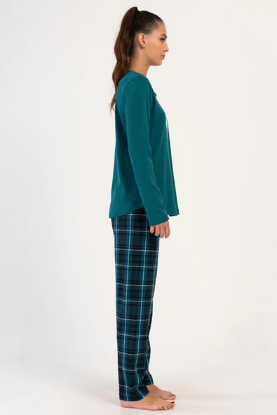 Shopidik  İnterlok 0 Yaka Uzun Kol Pijama Takımı - 3