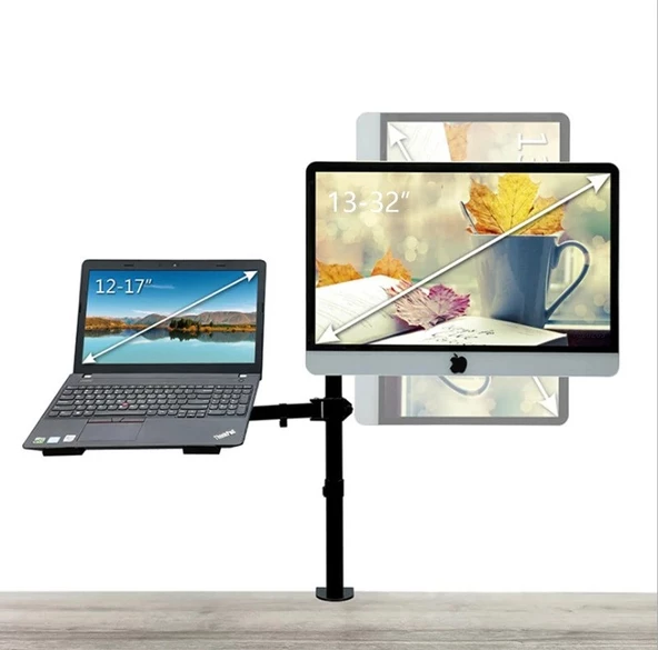 TechTic Ergonomik Çift Kol Monitör Laptop Tutucu 360° Dönen 10-32 Mönitör Tutucu 12-17 Laptop Standı