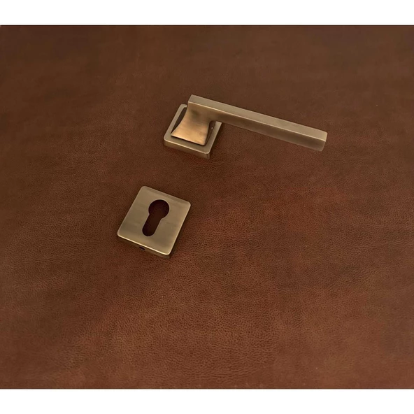 Karo Mat Antik Sarı Kare Rozetli Zamak Çelik Kapı Kolu Sağ Basar Tek Yön - Resim 3